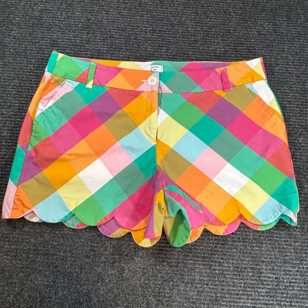 Crown & Ivy Shelby Multicolored Gingham Scalloped Hem Shorts Womens 14